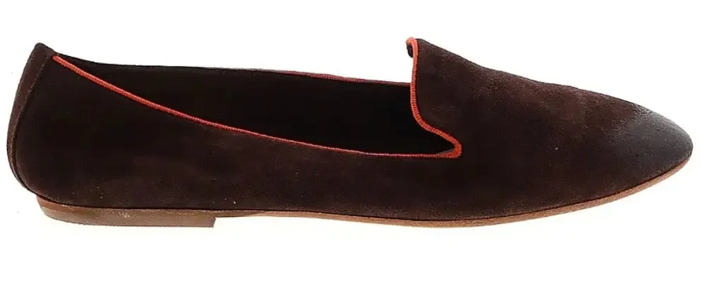Sundance Brown Smoking Flats Shoes Size 39 8.5  Suede Leather Orange Trim Preppy